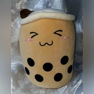 Boba Tea Plush Pillow, Cute Smily Face, Rosy Cheeks, Black Tapioca Pearls